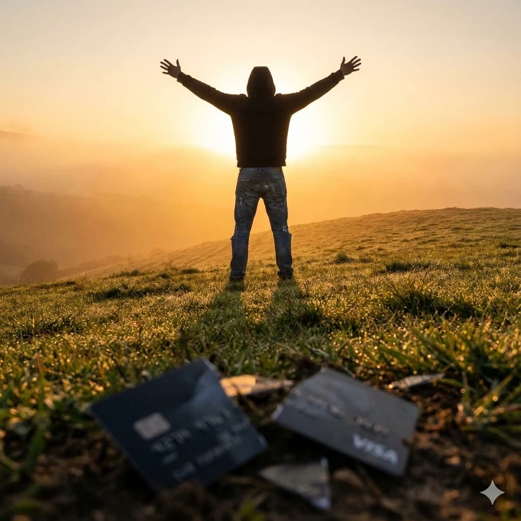 Pessoa celebrando liberdade financeira ao pôr do sol